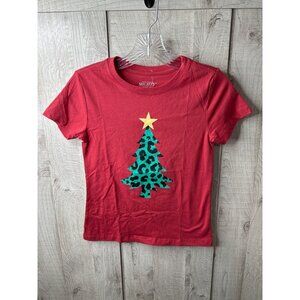 Mighty Fine Womens XS Animal Print Christmas Tree Graphic Red T Shirt